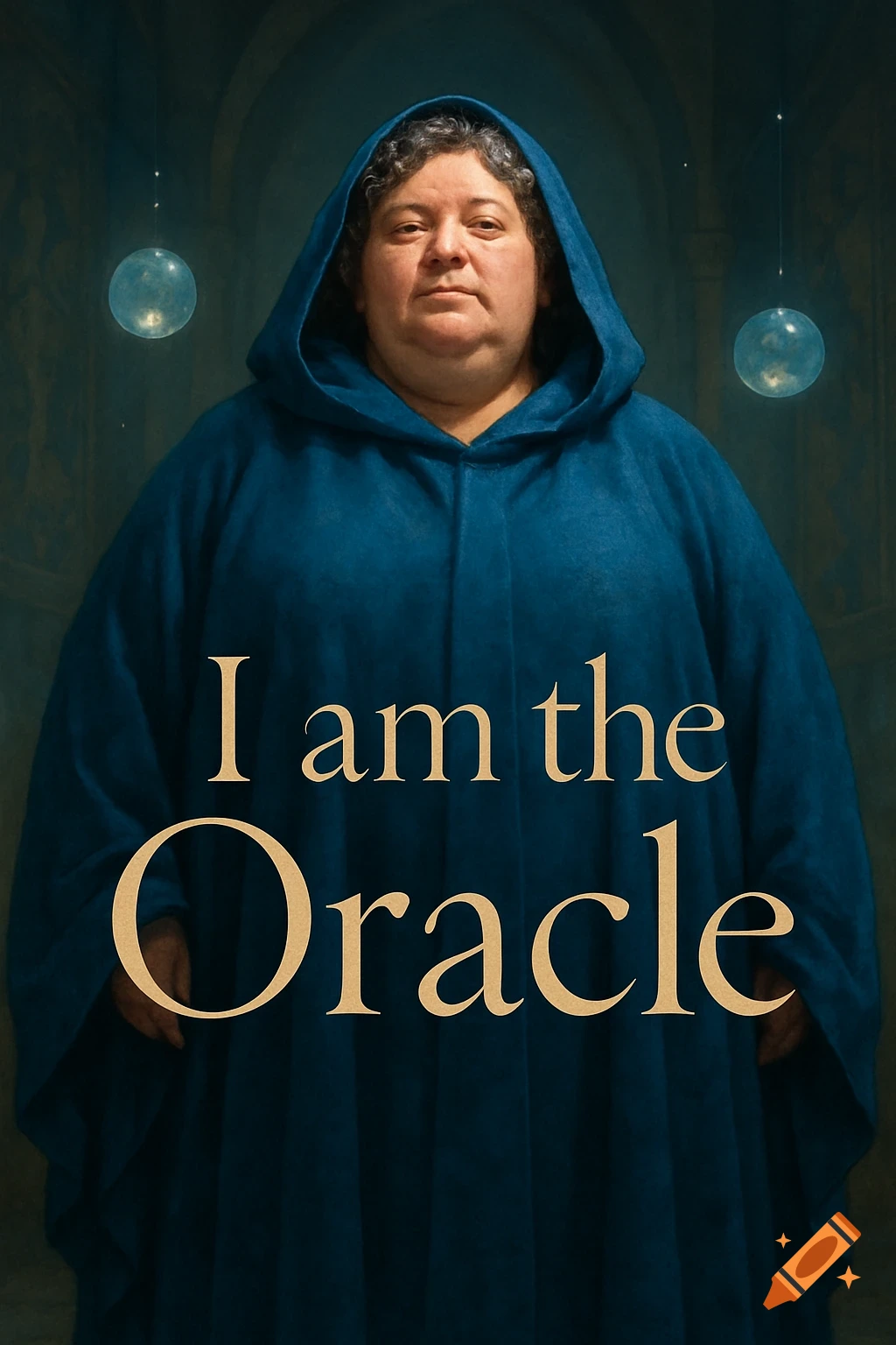 A middle-aged woman in a blue hooded robe with glowing orbs, text reads "I am the Oracle". Realistic style.