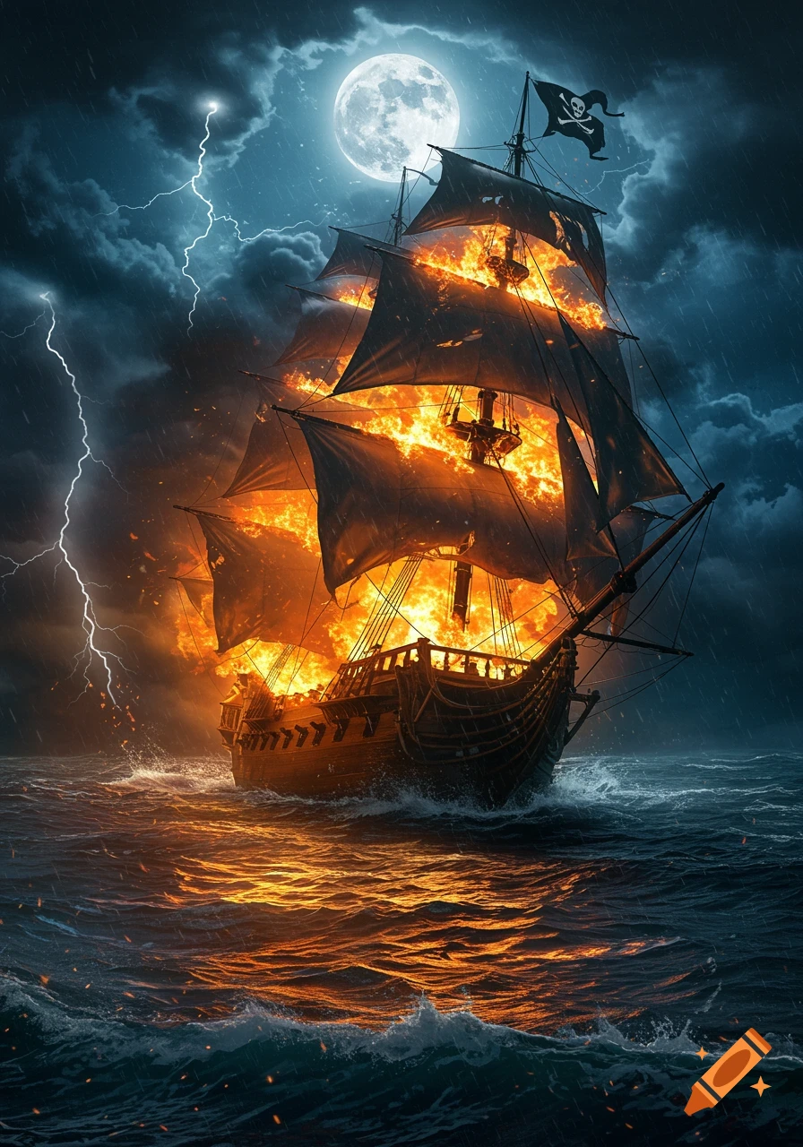 A pirate ship engulfed in flames sails through a stormy sea under a full moon with lightning strikes.