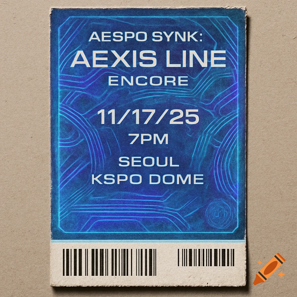 A close-up view of a blue and purple concert ticket stub with glowing lines, featuring text like "AESPO SYNK: AEXIS LINE ENCORE", "11/17/25", "7PM", "SEOUL", "KSPO DOME", and a barcode at the bottom. The ticket has a worn appearance and is set against a brown background.
