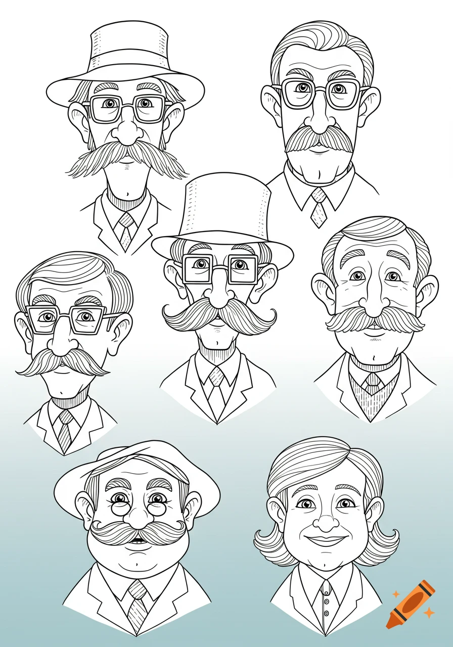 A collection of black and white line art portraits of cartoon men with various mustaches and hats, in a style suitable for coloring.