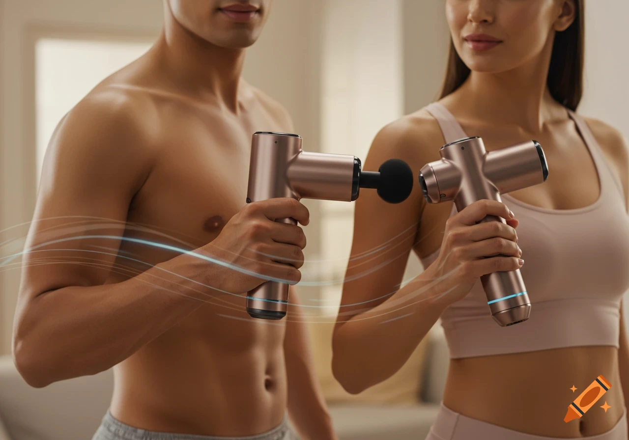 A man with a bare torso and a woman in a sports bra use rose gold massage guns with glowing blue lines.