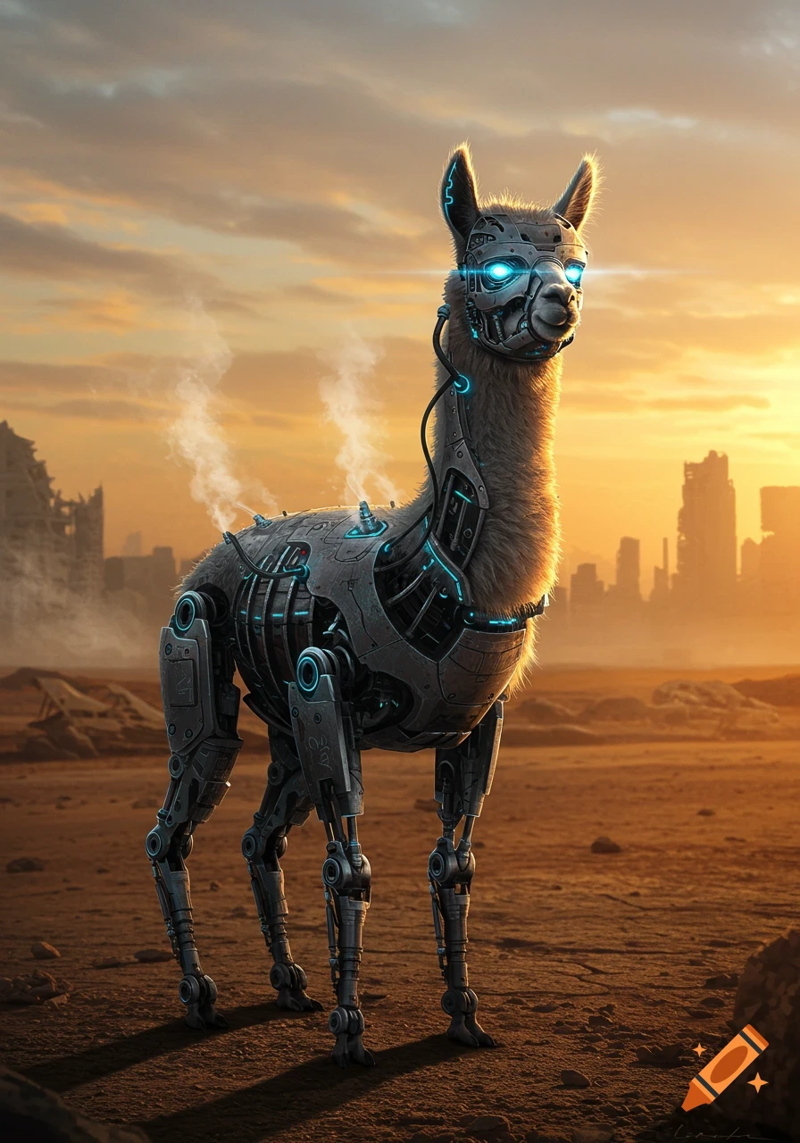 A furry robotic alpaca with glowing blue eyes stands in a desolate, post-apocalyptic landscape with ruined buildings under an orange sunset.