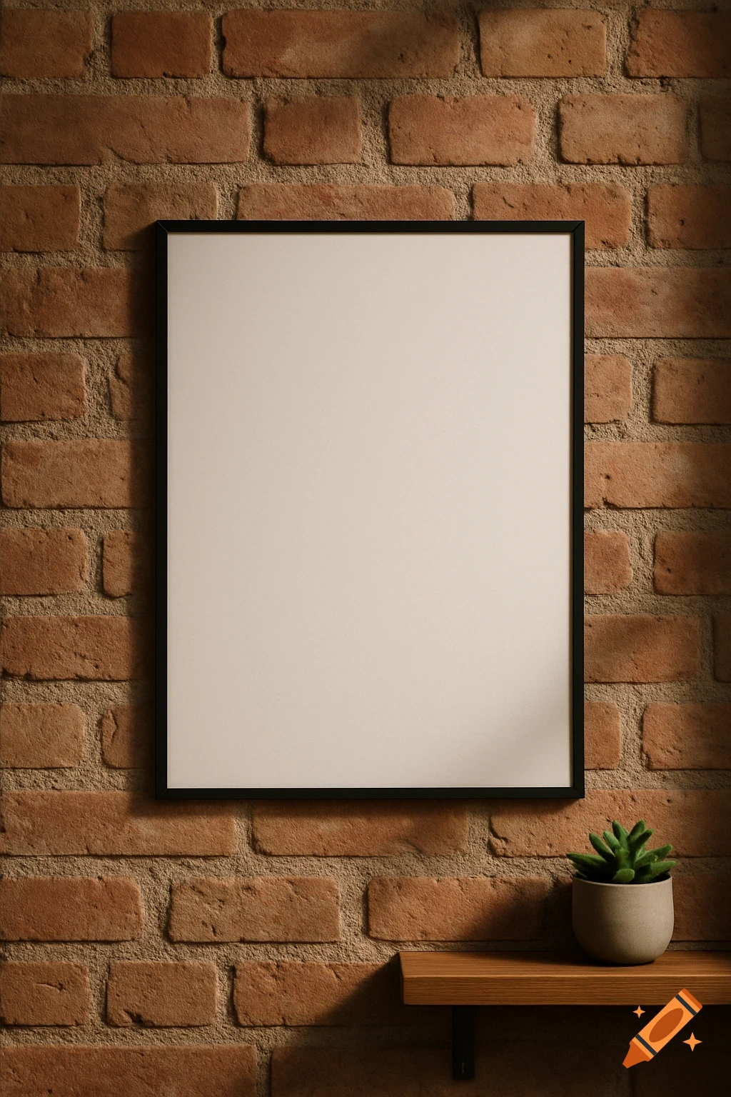 A black-framed blank picture frame hangs on a rustic brick wall, with a potted succulent on a shelf below. Photorealistic.