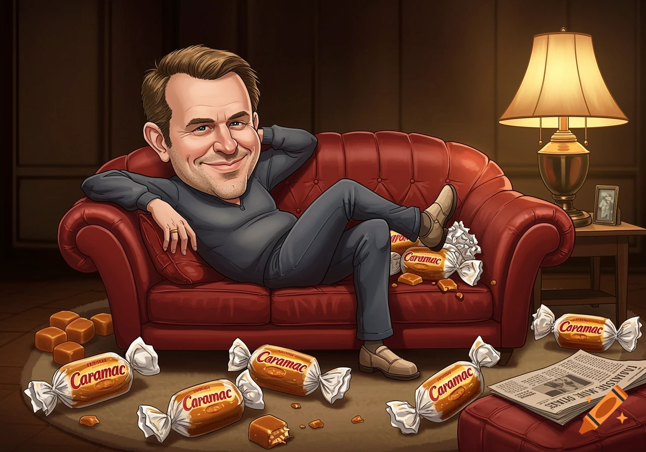 A cartoon caricature of a smiling man relaxing on a red couch, surrounded by Caramac candies and wrappers.