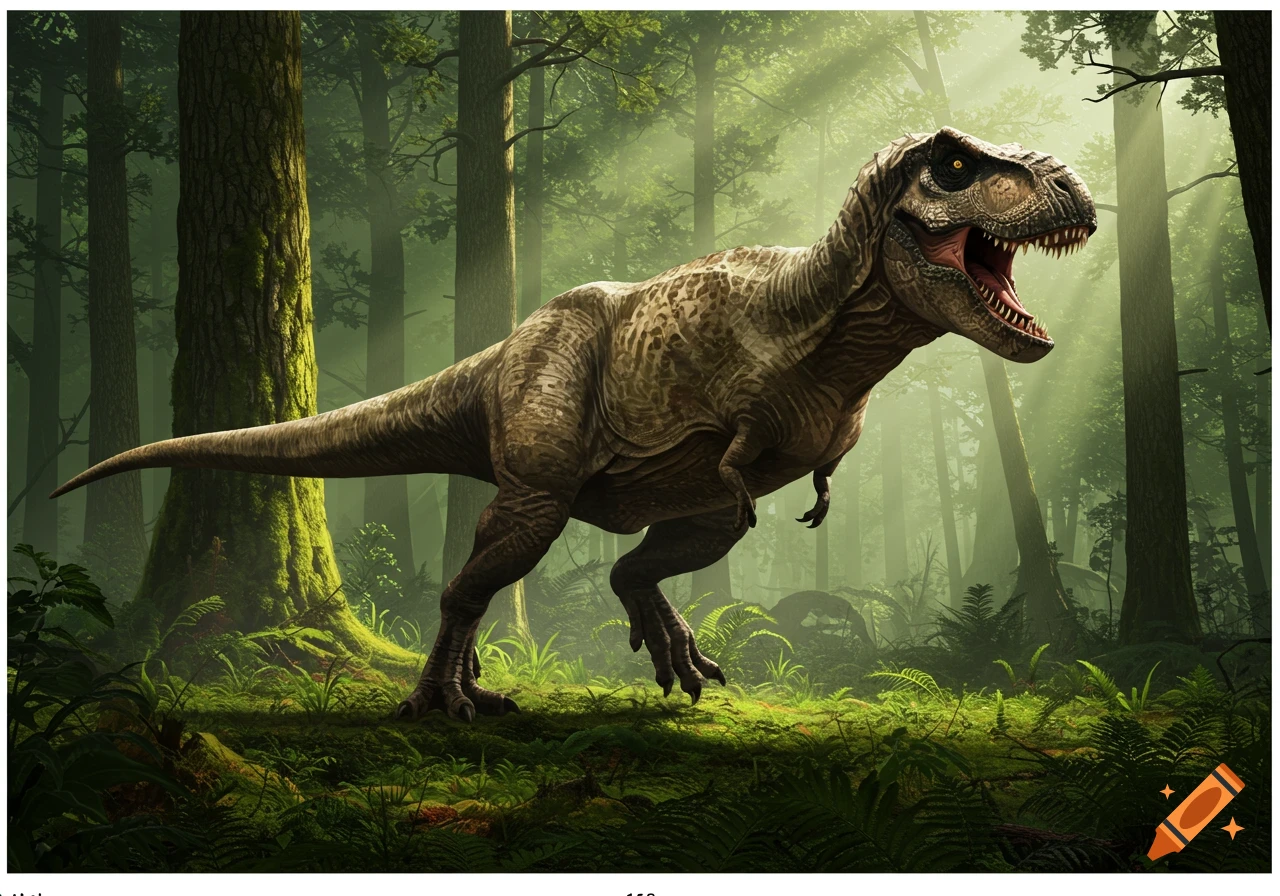 A realistic Tyrannosaurus Rex stands in a lush, misty prehistoric forest with sun rays shining through the trees.