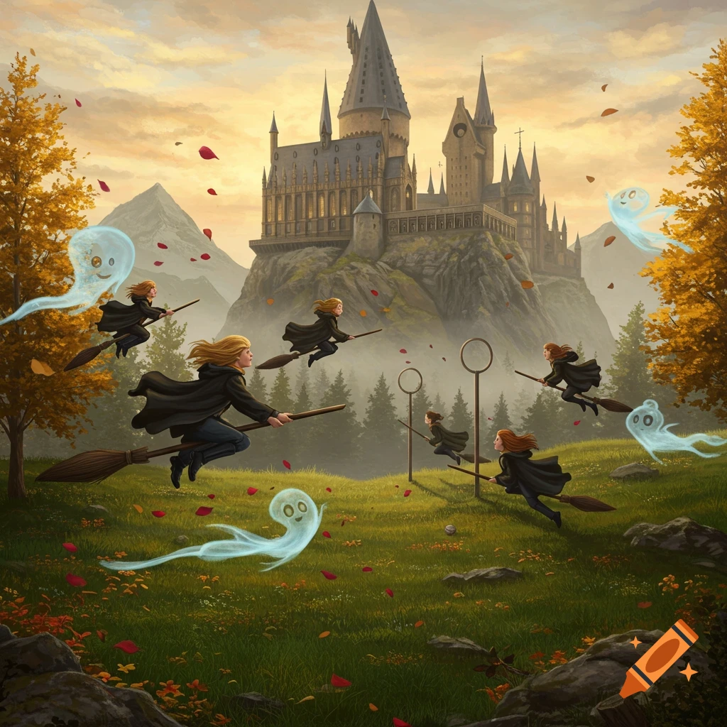 Young wizards fly on brooms with ghosts around a Hogwarts-like castle in an autumn landscape.