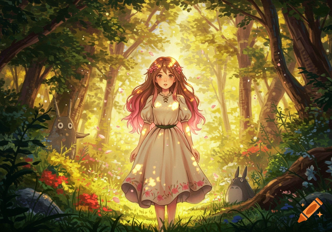 An anime girl with brown to pink ombre hair stands in a bright, sun-dappled forest with two gray, round, rabbit-like creatures.