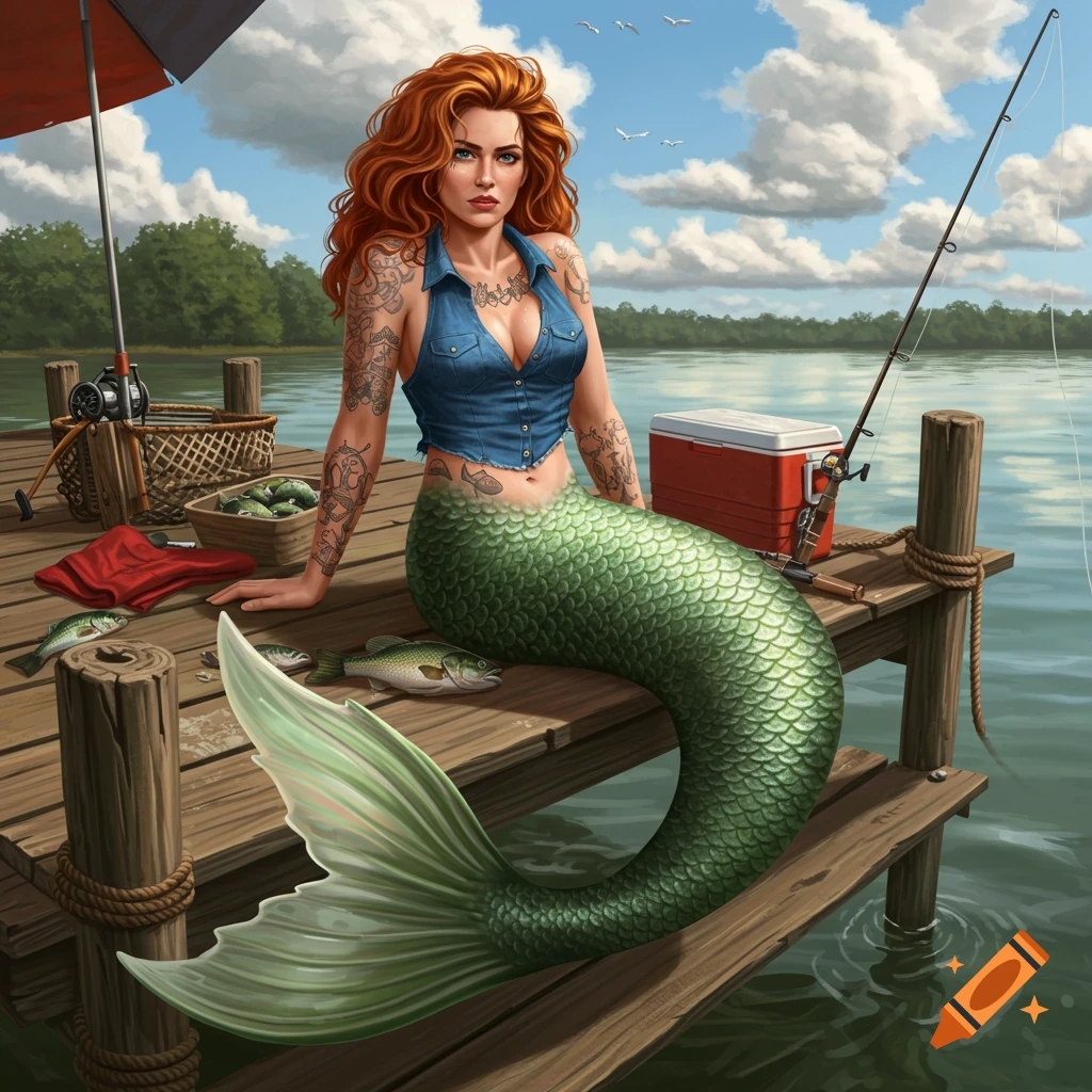 An illustrated red-haired mermaid with tattoos and a denim top sits on a wooden dock with a green tail, surrounded by fishing gear and fish.