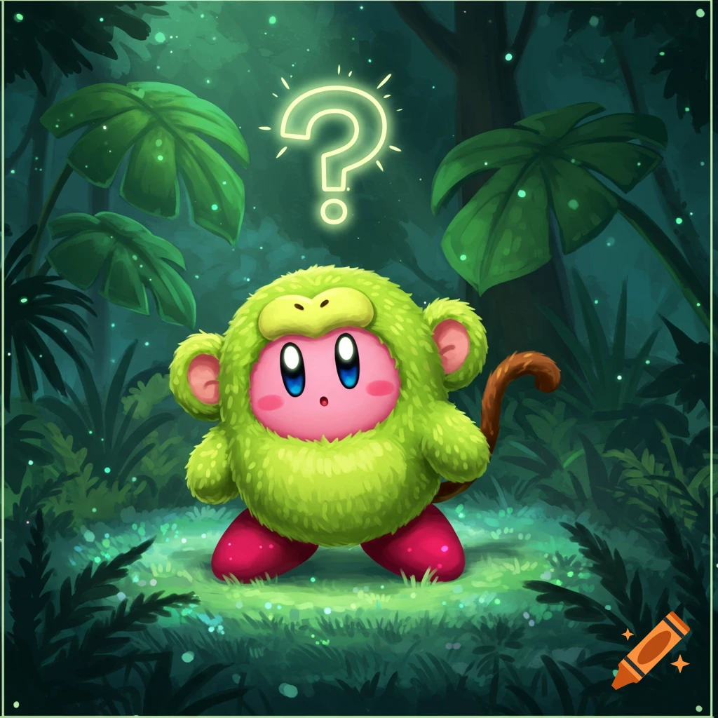 Illustrated Kirby in a green monkey costume looks confused with a glowing question mark in a dark jungle.