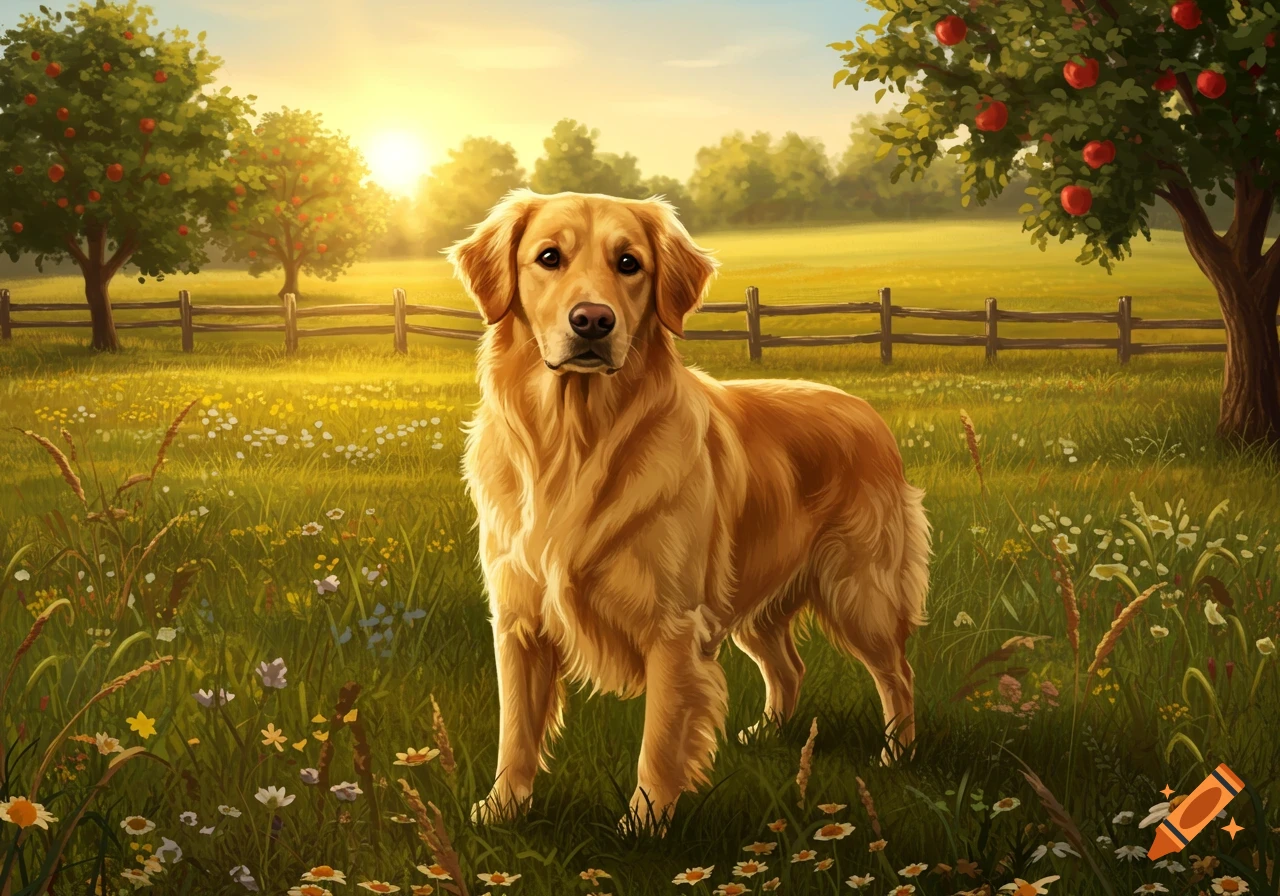 A golden retriever stands in a sunny field with wildflowers, trees, and a wooden fence.