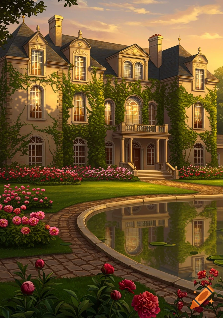 A grand, ivy-covered manor house at sunset, with a reflective pond and a vibrant flower garden.