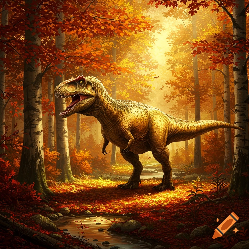 A Giganotosaurus stands in a vibrant autumn forest with golden sunlight and red and orange leaves.