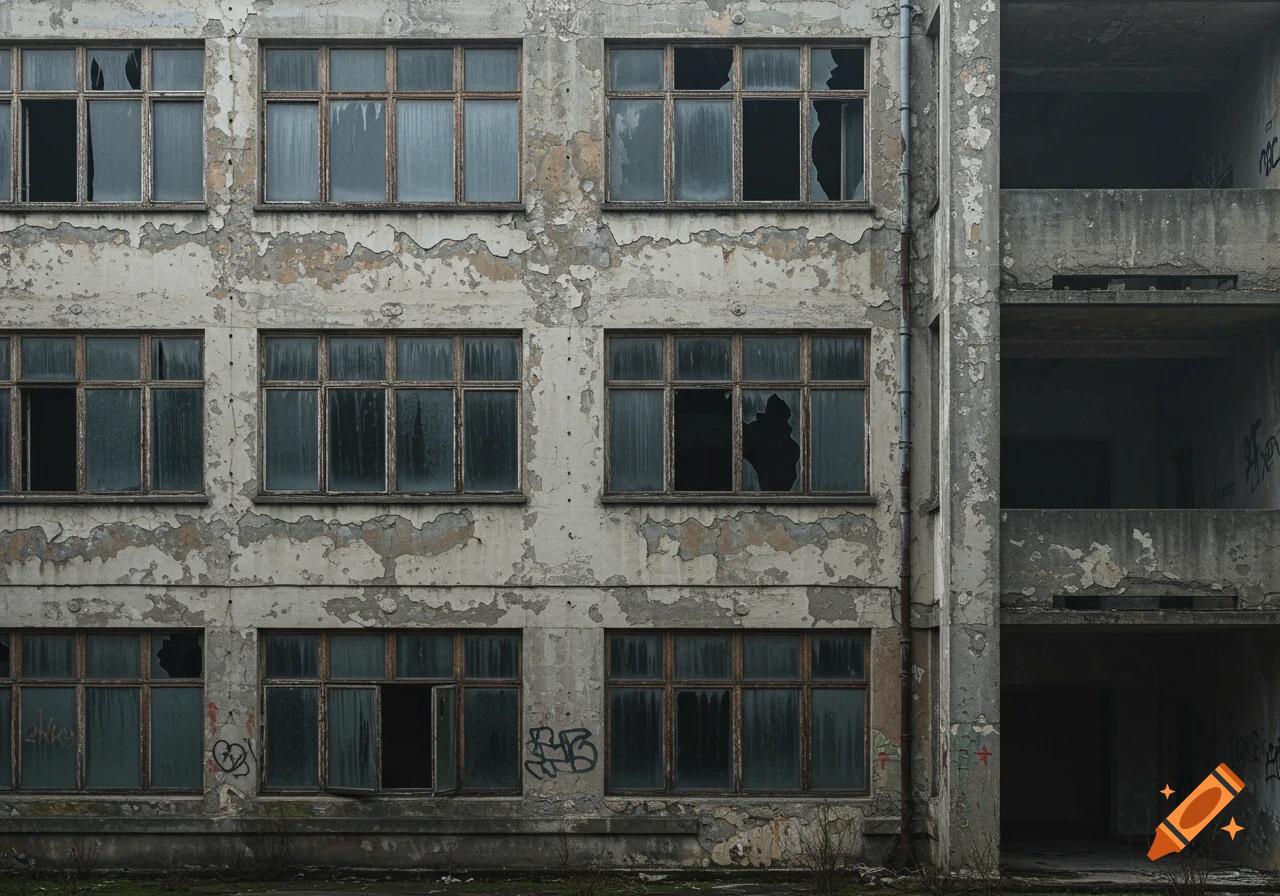 Close-up of a dilapidated concrete building with broken windows and peeling paint, featuring exposed balconies and graffiti.