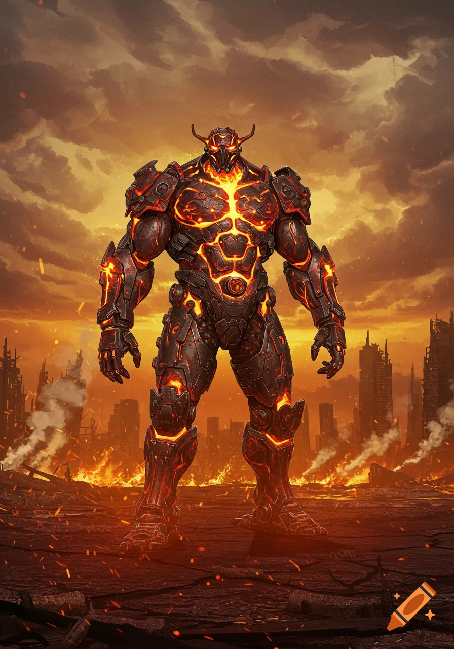 A large, armored, glowing lava monster stands in a destroyed, fiery city under an orange, smoky sky, in a digital painting style.