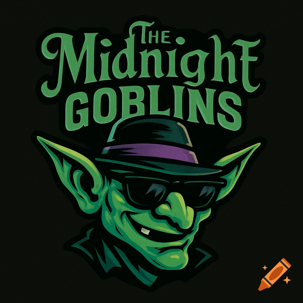 Cartoon style band logo for "The Midnight Goblins" featuring a green goblin mascot wearing a black trilby hat with a purple band and dark sunglasses, with text above.