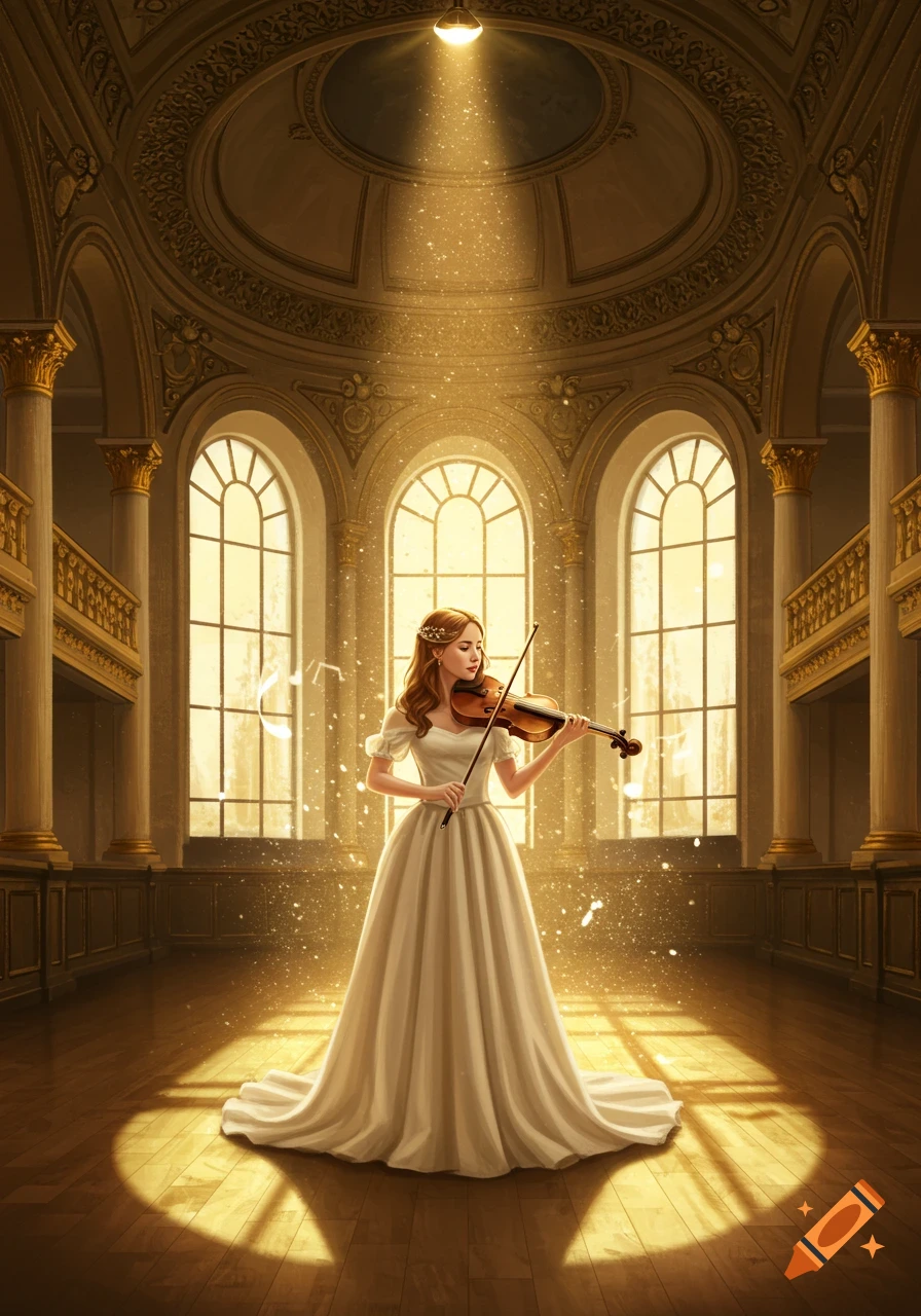 Young woman in a flowing gown plays violin in a grand, golden concert hall with light streaming through arched windows.