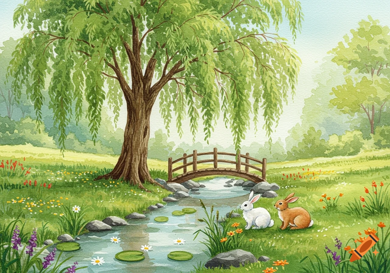A watercolor landscape with a weeping willow tree, a wooden bridge over a stream, and two rabbits in a grassy field with wildflowers.