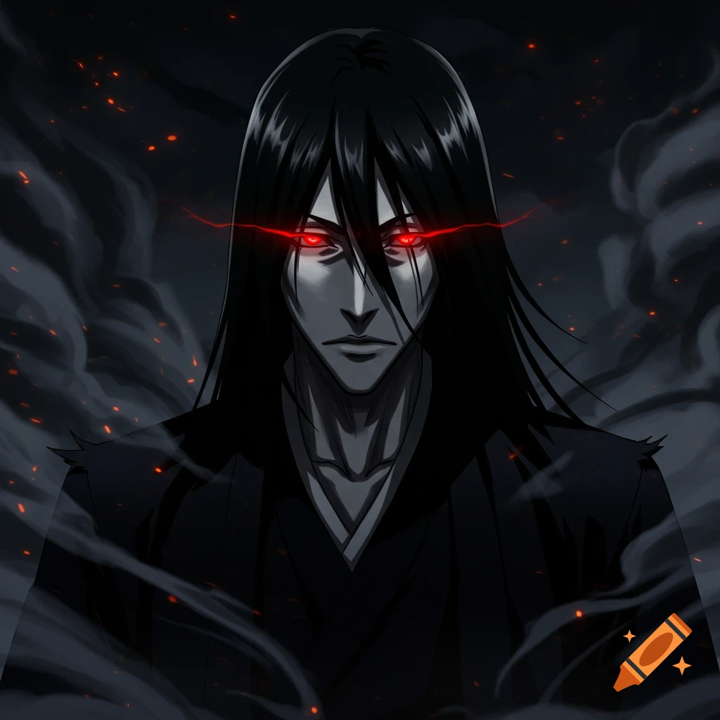 Anime-style character with long black hair and glowing red eyes in a dark, smoky setting.