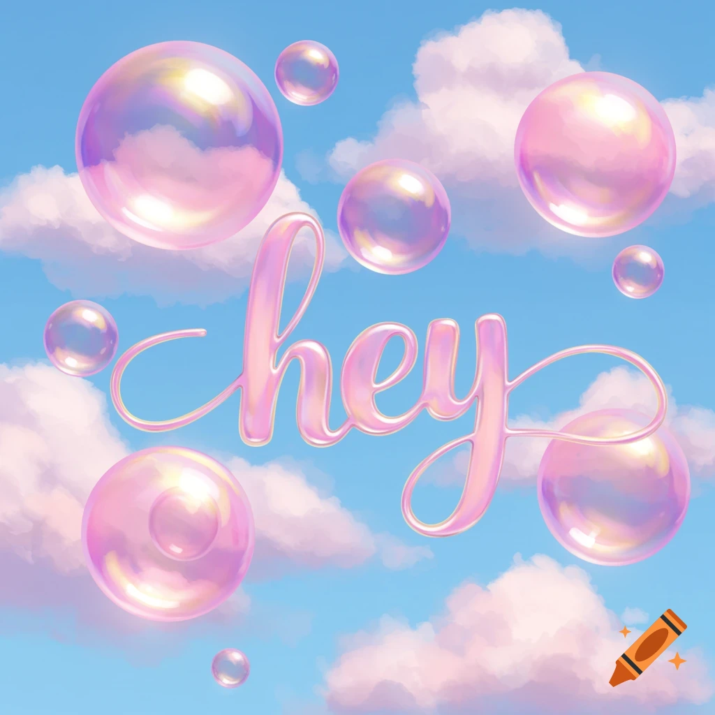 Glossy pink text spelling 'hey' floats among iridescent bubbles in a blue sky with pink clouds.