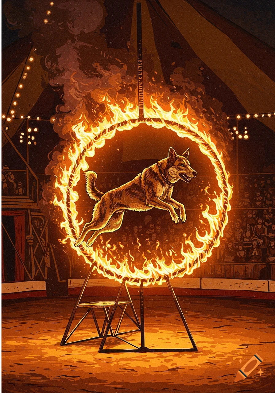 A woodcut illustration of a dog jumping through a flaming hoop in a dark circus tent.