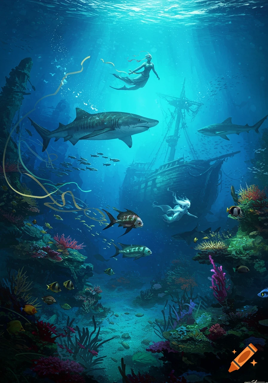 Detailed digital illustration of a vibrant underwater scene with mermaids, sharks, colorful coral reefs, and a sunken ship.