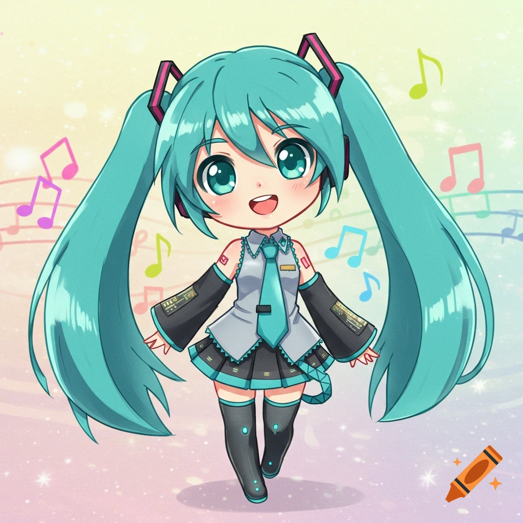 A cute chibi Hatsune Miku with long turquoise twin-tails, wearing her signature outfit, smiling against a pastel background with musical notes.