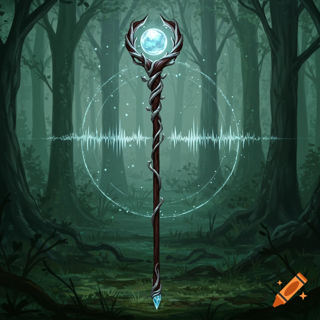 A dark fantasy illustration of a glowing magic staff with an orb and intertwining branches, set in a mystical forest with light ripples.