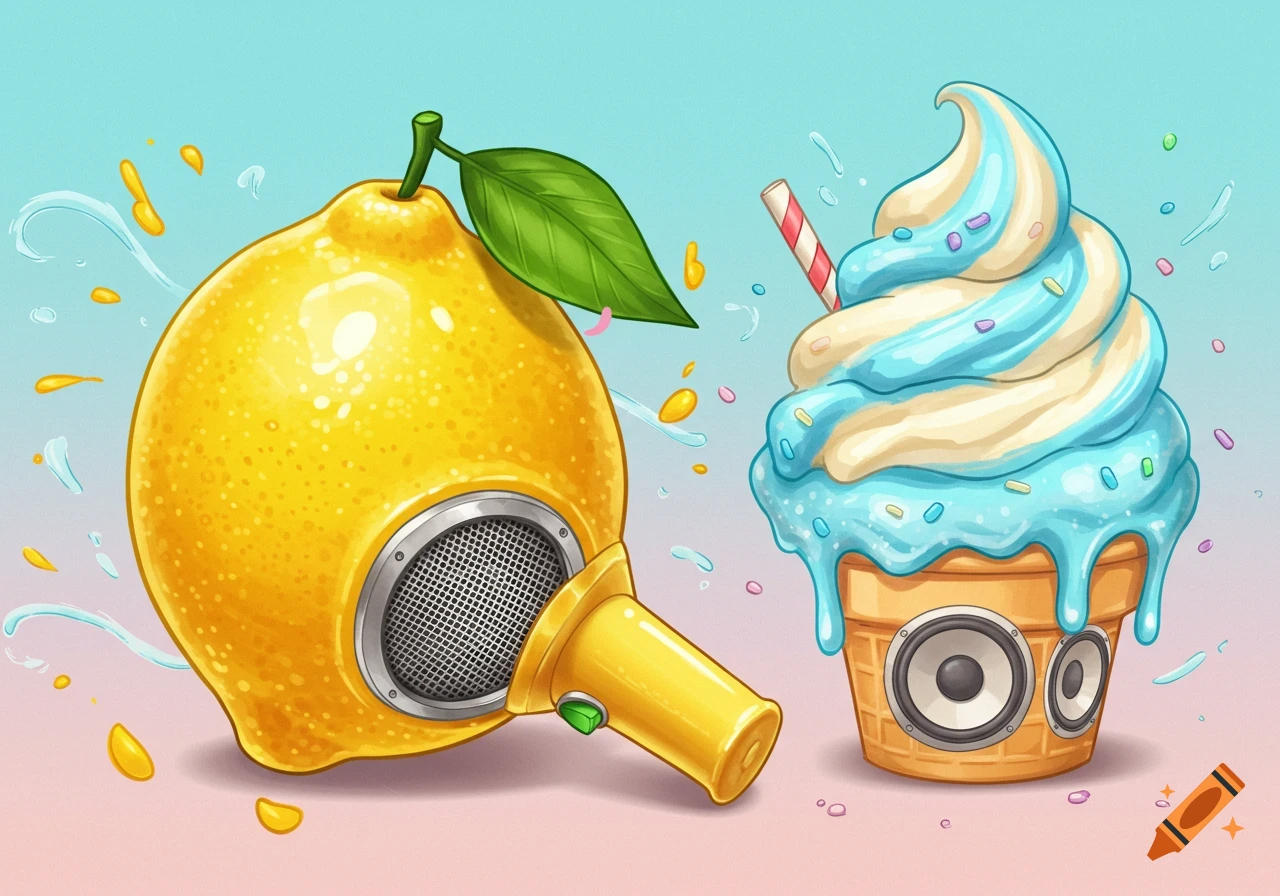 A whimsical cartoon illustration featuring a lemon shaped like a megaphone and an ice cream cone with speakers.