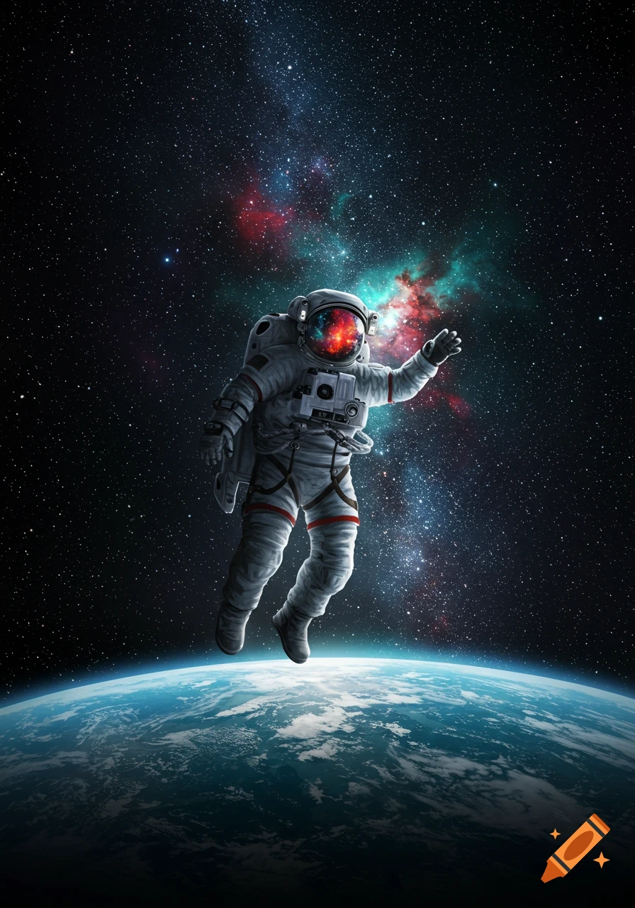 An astronaut floats above Earth, with a colorful nebula and stars reflected in their helmet.