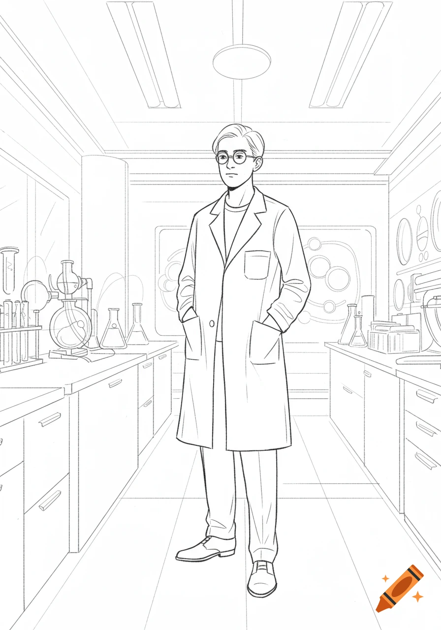 Outline drawing of a scientist in a lab coat standing in a laboratory filled with equipment.