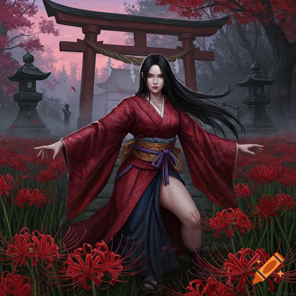 A Japanese woman in a red kimono stands in a field of red spider lilies with a torii gate in the background, in a digital painting style.