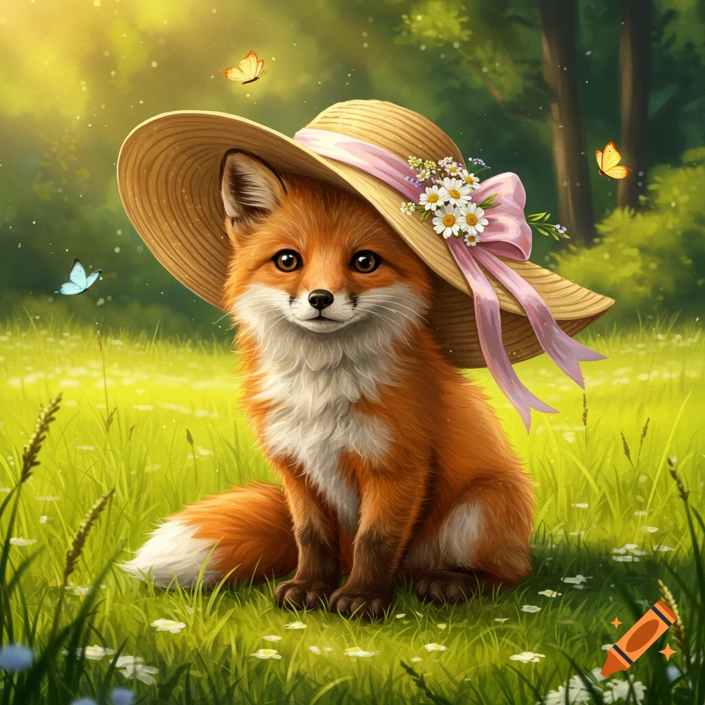 A cute fox wearing a straw hat with a pink ribbon and flowers sits in a sunny green field with butterflies.
