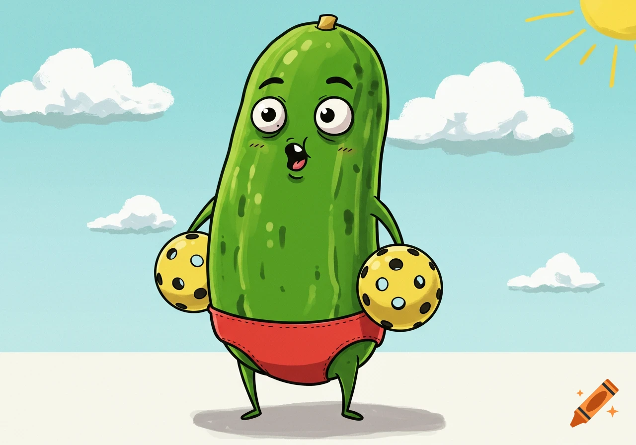 A funny cartoon pickle wearing red underwear and holding two pickleball balls, with a silly expression, under a bright sky with clouds and sun.