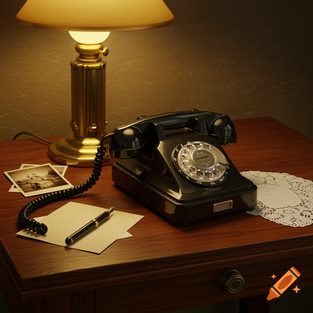 A black vintage rotary telephone with its handset off-hook sits on a wooden desk next to a brass lamp, papers, a pen, and old photographs.
