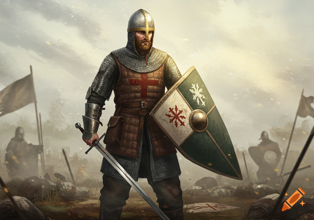 A knight in chainmail armor, helmet, and tunic with a red cross, holds a sword and shield, standing amidst a misty battlefield with fallen soldiers and flags.