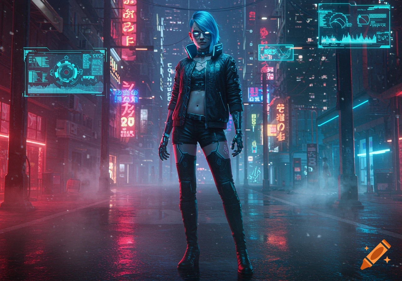A futuristic woman with blue hair and cybernetic features stands on a wet, neon-lit cyberpunk city street.