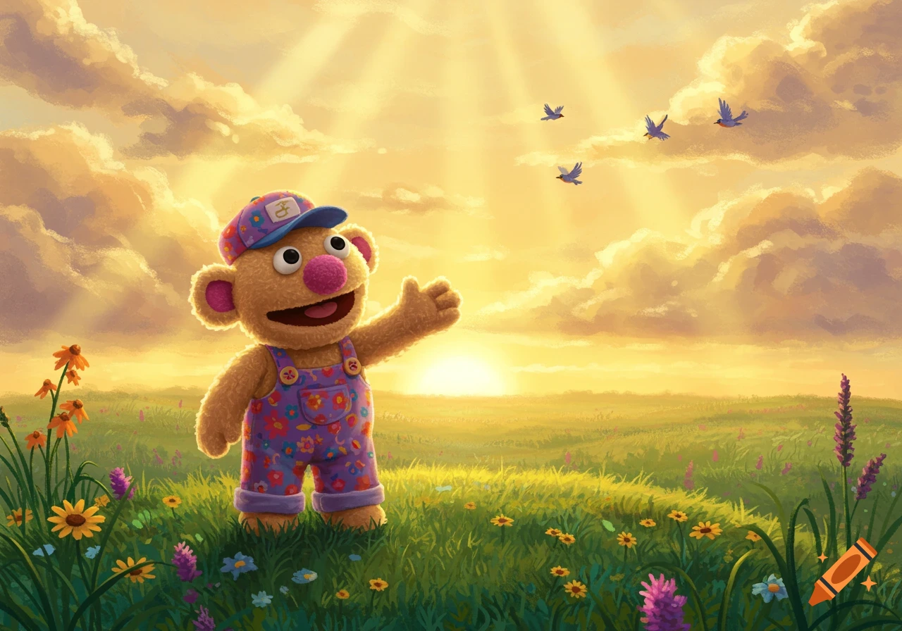A furry, brown puppet-like character in floral overalls and a baseball cap stands in a grassy field with colorful flowers, raising its hand towards a bright sunset sky with clouds and flying birds.