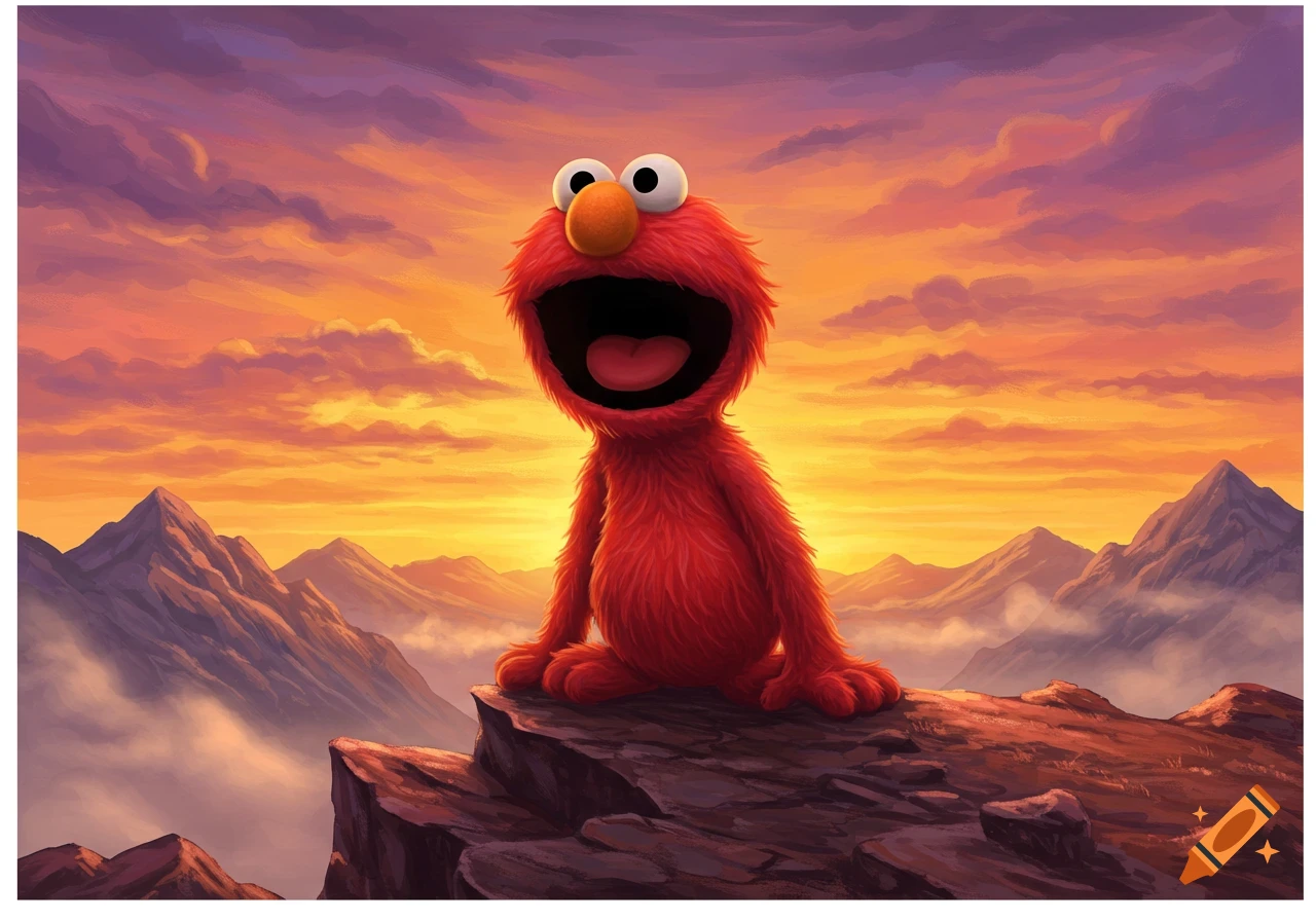 Elmo screams with joy on a rocky mountain peak at sunset, with a vibrant orange and purple sky.
