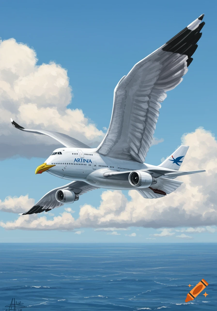 A surreal image of a white airplane with a seagull's head and large bird wings, flying over a blue ocean under a cloudy sky.