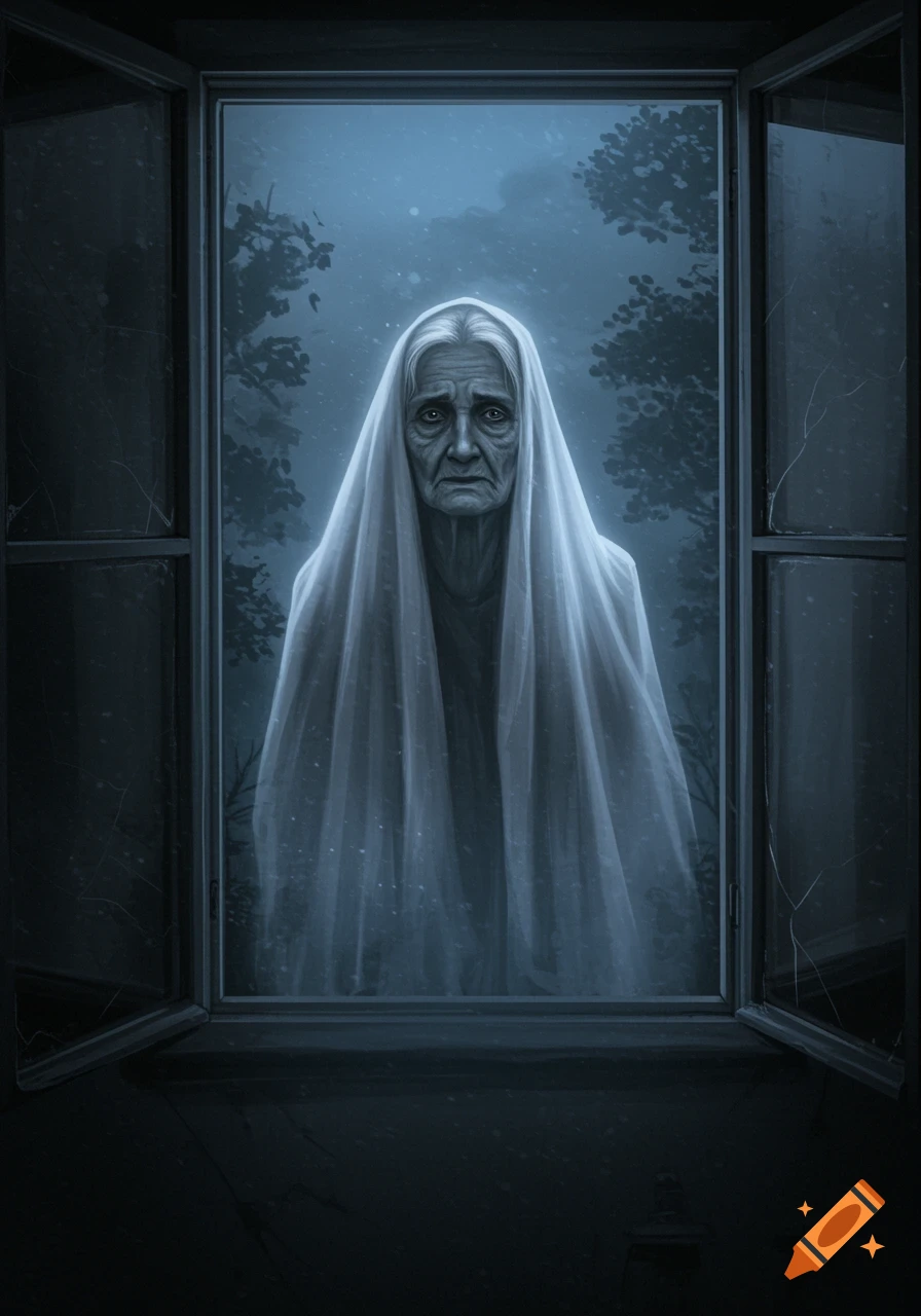 A ghostly old woman with a gaunt face and white hair, wrapped in a white shroud, stares mournfully from a dark window into a hazy, dark forest.
