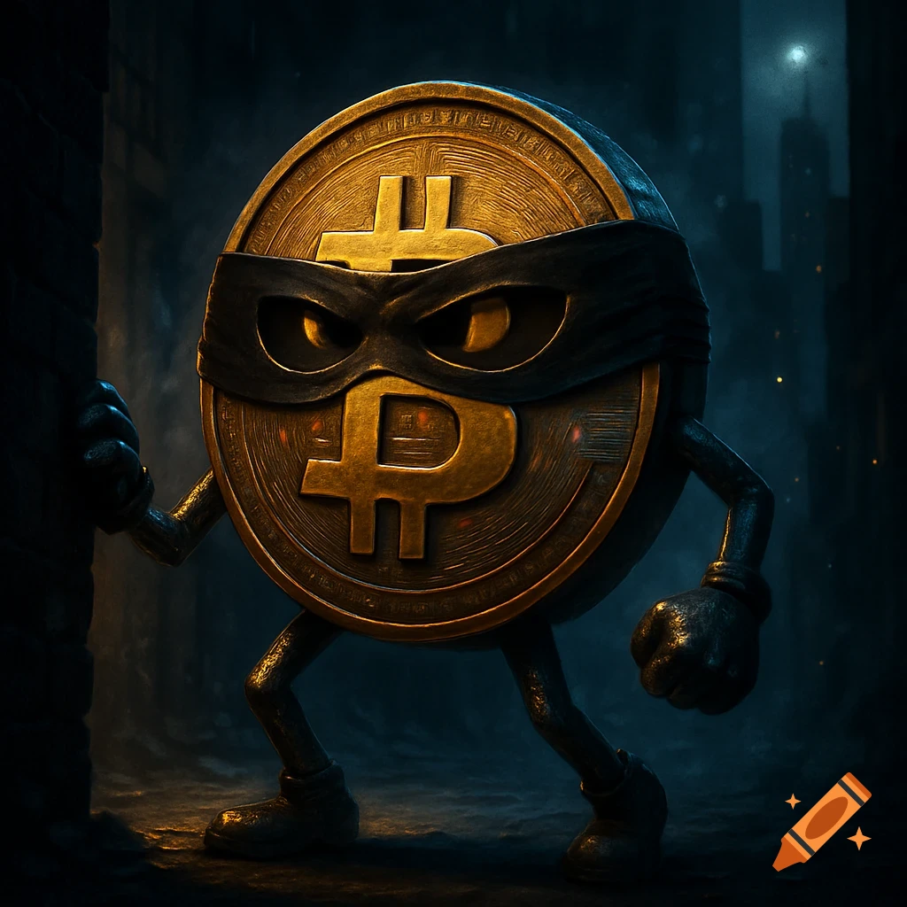 A golden Bitcoin coin character with arms and legs, wearing a black burglar mask, standing in a dark alley at night.