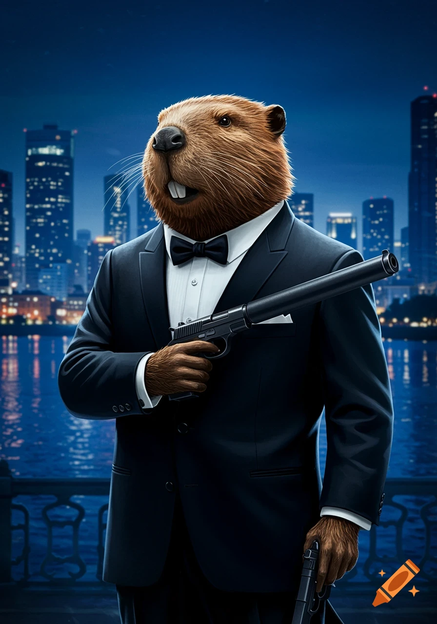 A photorealistic anthropomorphic beaver in a black tuxedo and bow tie holds two pistols with silencers, standing by a city river at night.