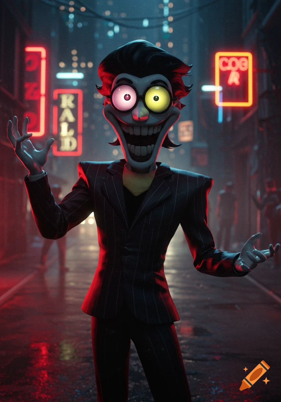 A creepy stylized character with a wide grin and large, glowing, mismatched eyes stands in a dark, neon-lit city street at night.