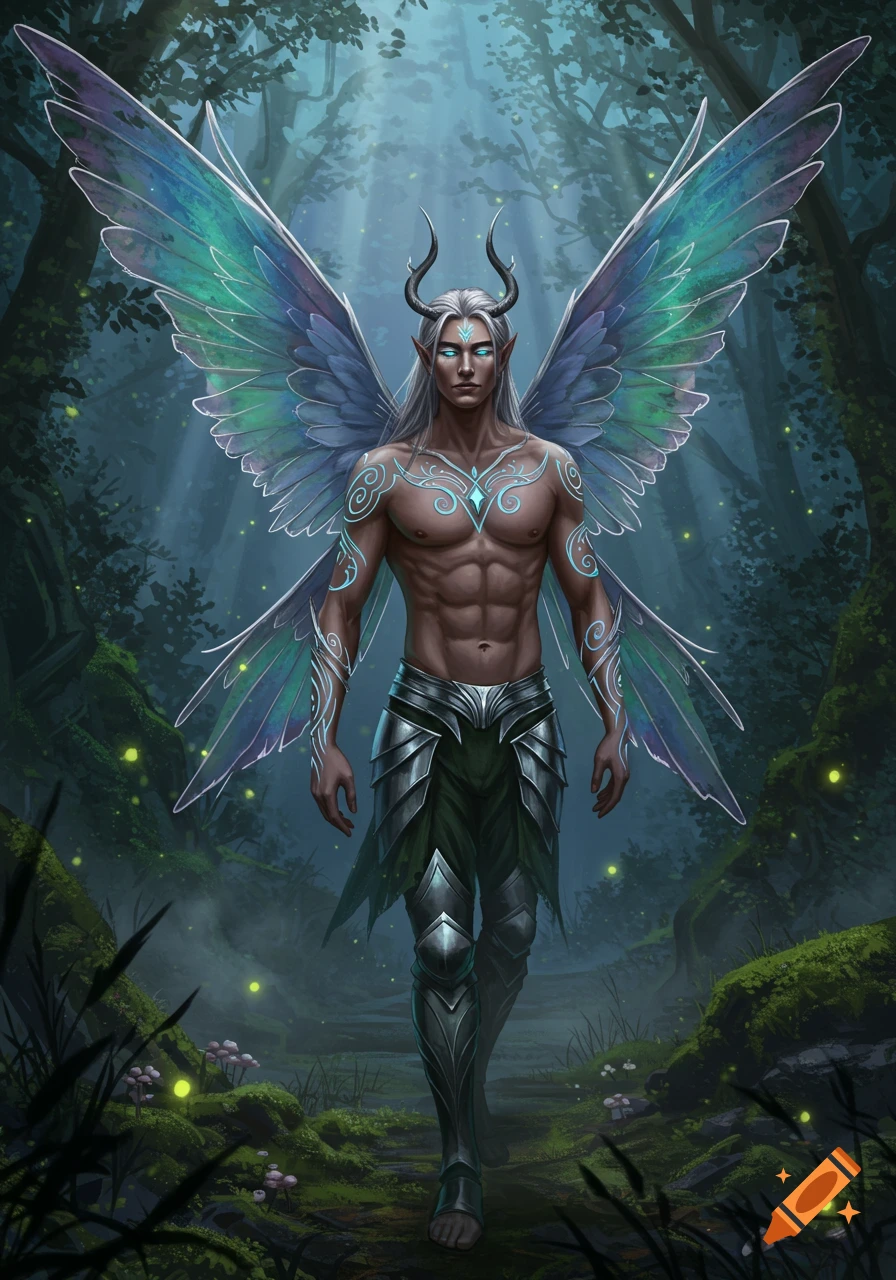A muscular male fae warrior with iridescent wings, glowing tattoos, and horns stands in a mystical, dark forest.