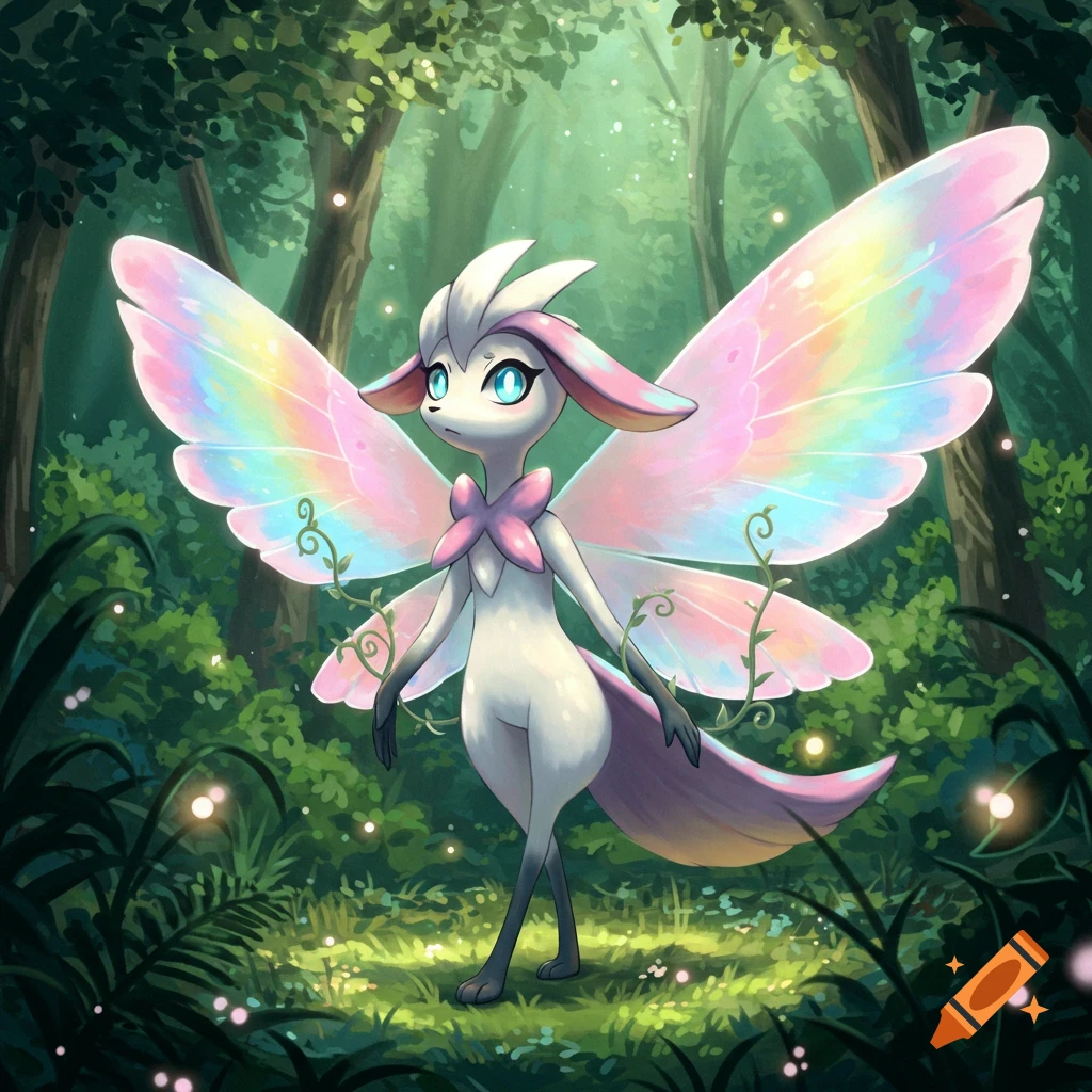 A white creature resembling a fairy or pokemon with large iridescent rainbow wings stands in a lush green forest with glowing light orbs.