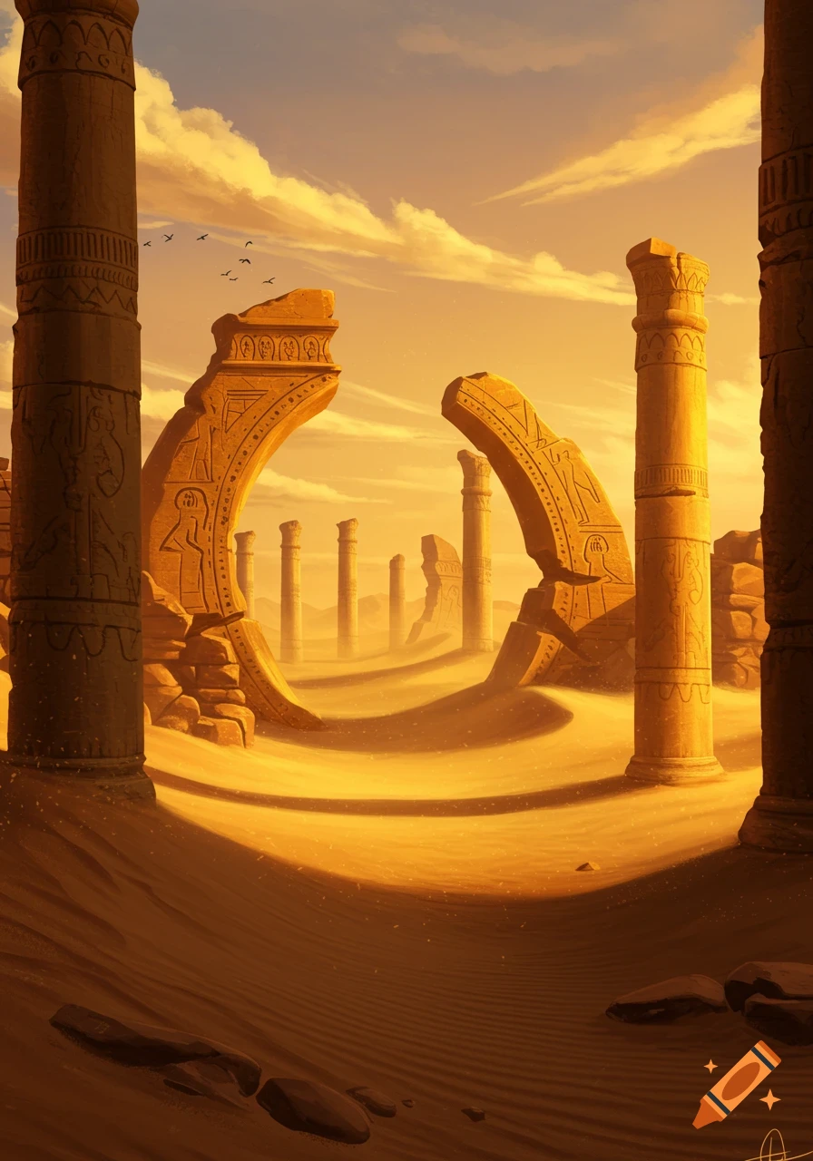 Golden hour light illuminates ancient desert ruins, with broken arches and tall columns rising from sand dunes under a cloudy sky.