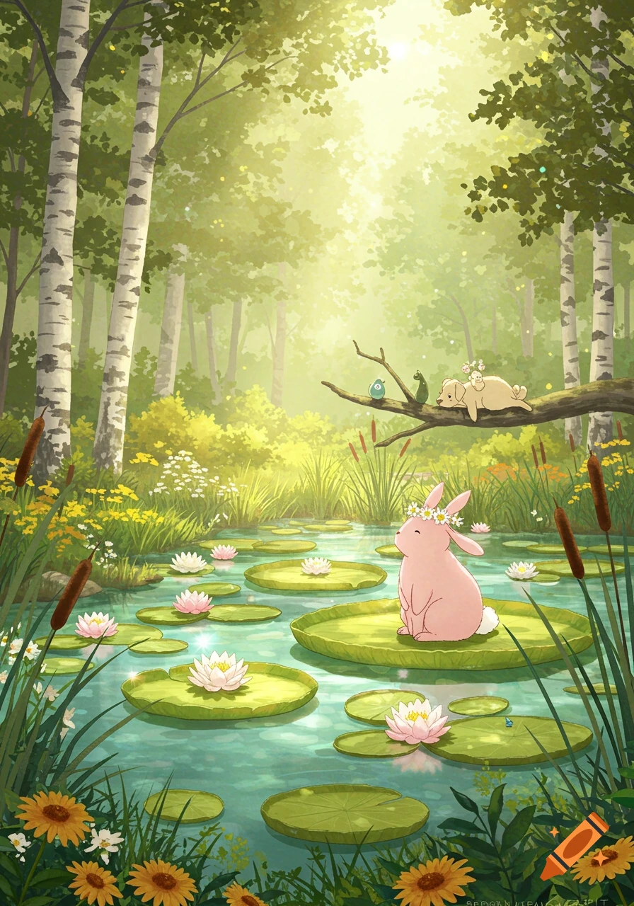 A Studio Ghibli style illustration of a pink bunny on a lily pad in a sunny pond, with a dog napping on a tree branch in a forest.