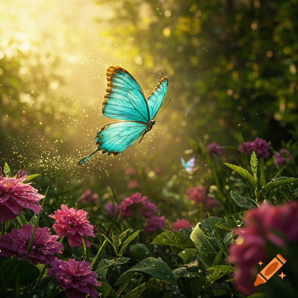 A vibrant turquoise butterfly flies through a sun-dappled garden filled with pink and purple flowers and sparkling light.