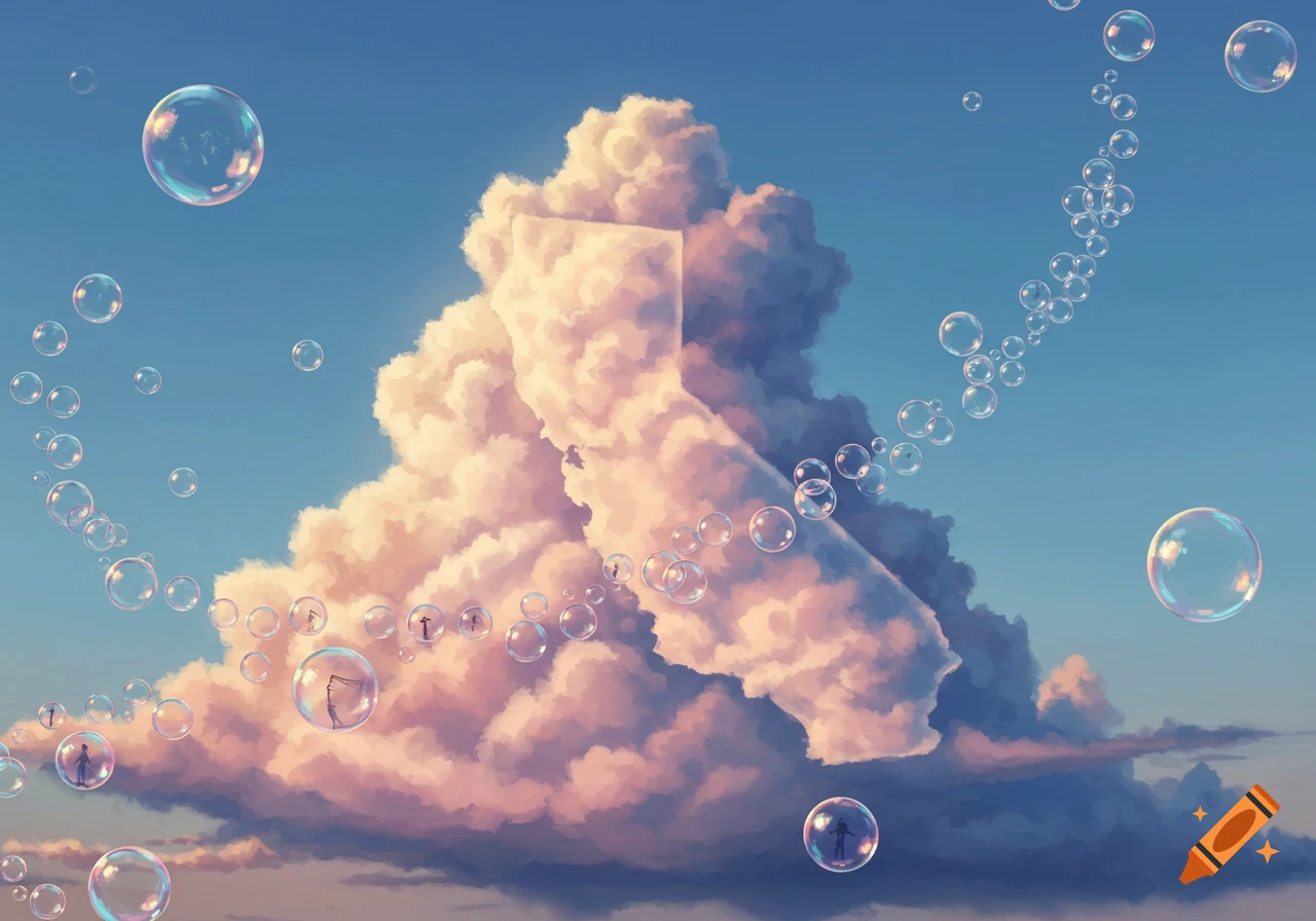 Dreamy illustration of a California-shaped cloud in a blue sky with many floating soap bubbles, some containing tiny figures.