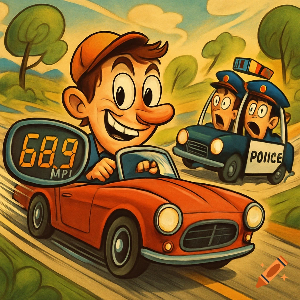 A smiling cartoon man in a red sports car speeding away from a police car, with a digital speedometer showing '68.9 MPH'.